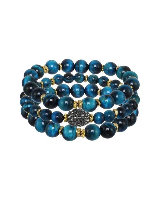 Rachel Reinhardt Jewelry Blue Tiger's Eye & Crystal Fireball Set Of 3 Stretch Bracelets