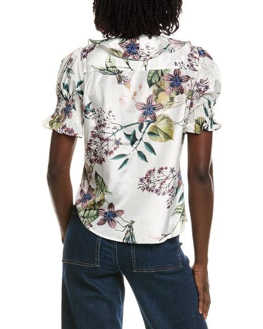 Tahari White Short Gathered Sleeve Ruffle Top