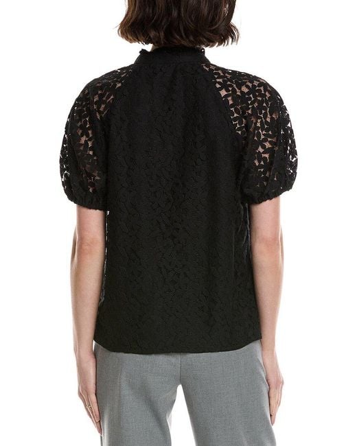 Cece Black Ruffle Neck Raglan Seam Split Neck Blouse
