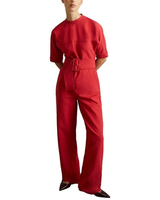 Reiss Red June Belted Workwear Jumpsuit