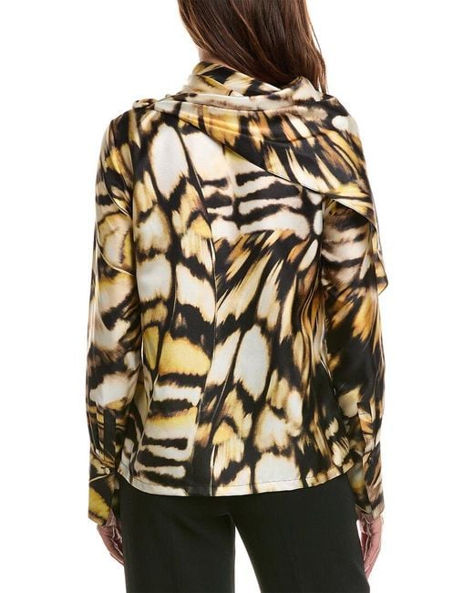 Oscar de la Renta Black Long Sleeve Butterfly Silk Twill Blouse