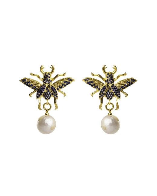 Ebru Jewelry White Protection & Luck Plated 0.3Mm Pearl Cz Drop Down Earrings