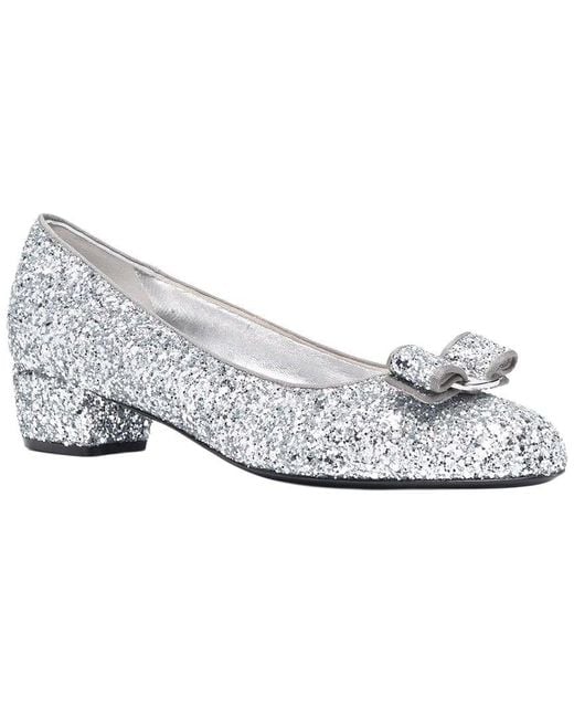 Ferragamo White Glitter Detail Leather Pump