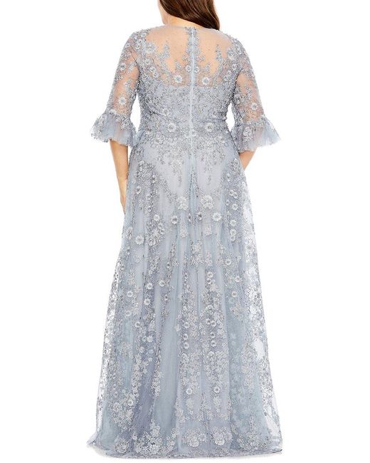 Mac Duggal Blue Plus Flutter Sleeve Embellished A-Line Gown