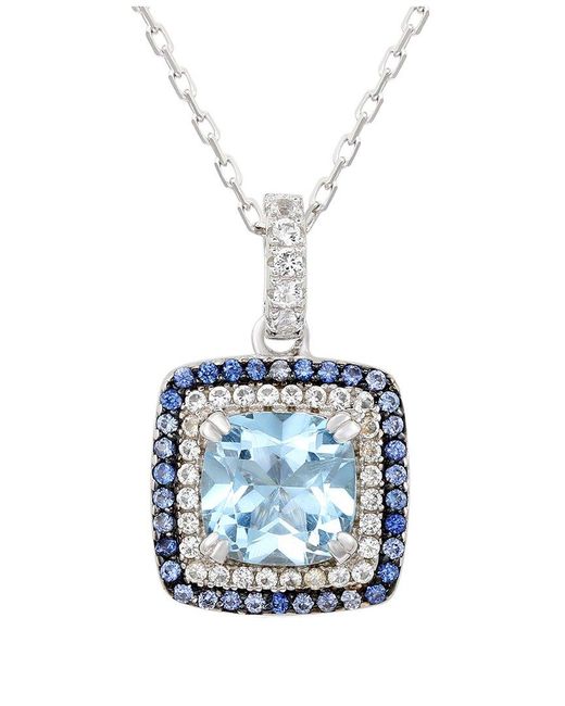 Suzy Levian Blue Silver 0.02 Ct. Tw. Diamond & Gemstone Double Halo Pendant