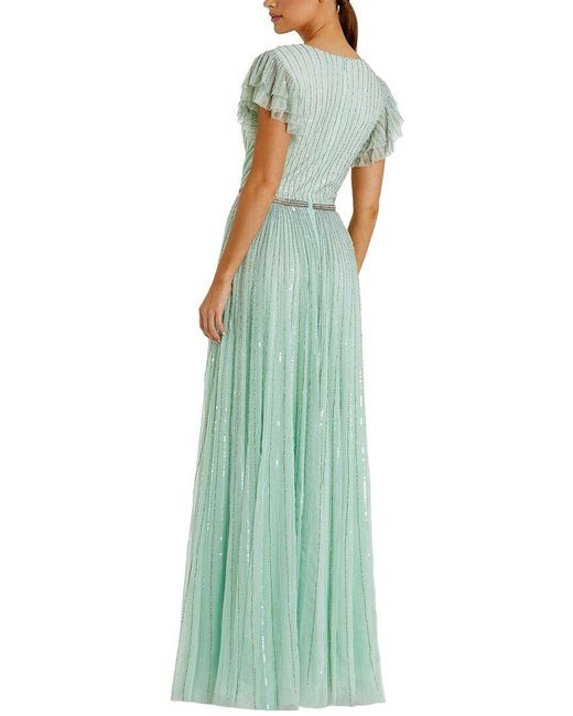 Mac Duggal Green Sequined Wrap Over Ruffled Cap Sleeve Gown