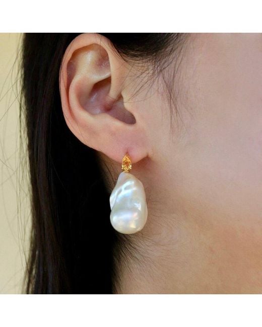 Kai Fine Jewelry White 14K 0.70 Ct. Tw. Citrine & 16-17Mm Pearl Drop Earrings