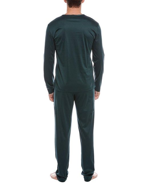 Hanro Blue 2pc Silk-trim Shirt & Pant Pajama Set for men