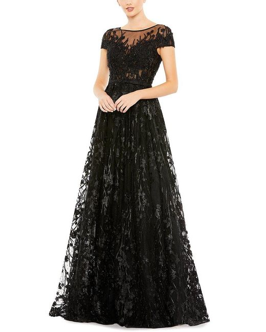 Mac Duggal Black Embellished Floral Cap Sleeve A-Line Gown