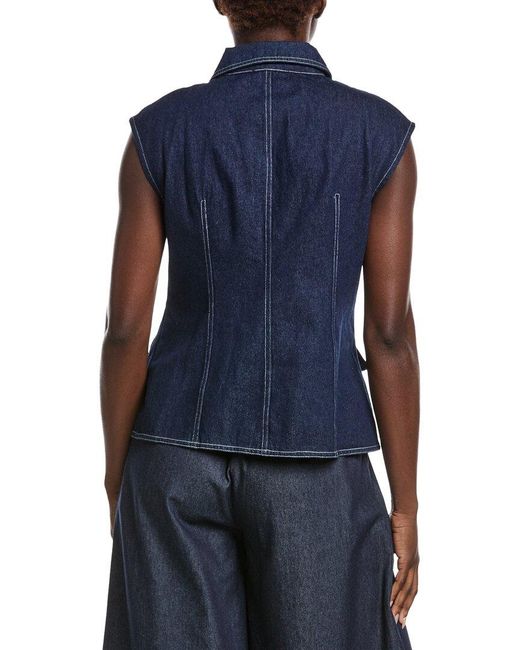 Gracia Blue Front Button Open Shirt Collar Vest