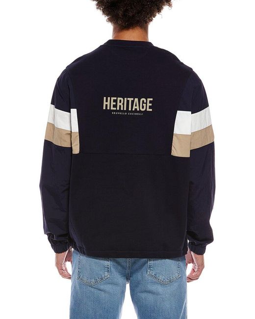 Brunello Cucinelli Blue Mixed Media Crewneck Sweatshirt for men