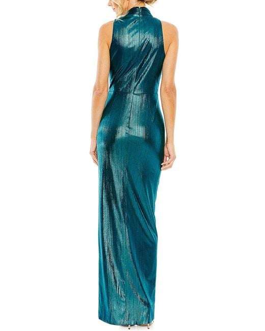 Mac Duggal Blue High Neck Keyhole Cutout Sleeveless Metallic Jersey Gown