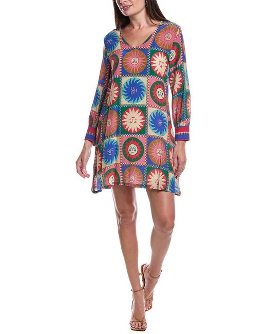 Johnny Was Blue V-Neck Silk Swing Dress