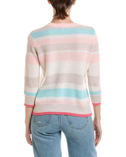 Forte White 3/4-Sleeve Openwork Stripe Crewneck Cashmere Sweater