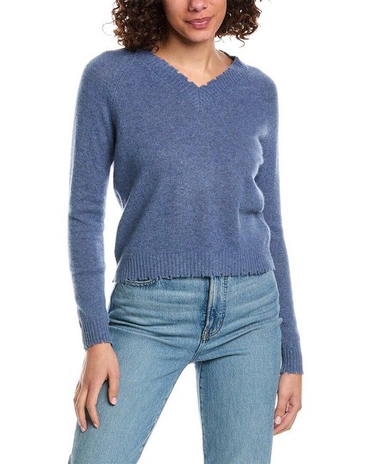 Minnie Rose Blue Frayed Edge V-neck Cashmere Sweater