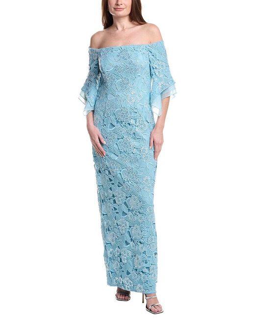 Adrianna Papell Blue Sequin Lace Combo Column Gown
