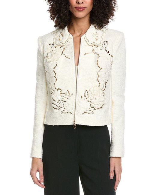 Oscar de la Renta White Floral Detail Tweed Silk-Lined Wool-Blend Jacket