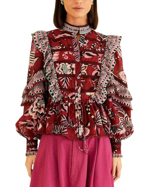 Farm Rio Red Pineapple Inspiration Burgundy Ruffled Blouse