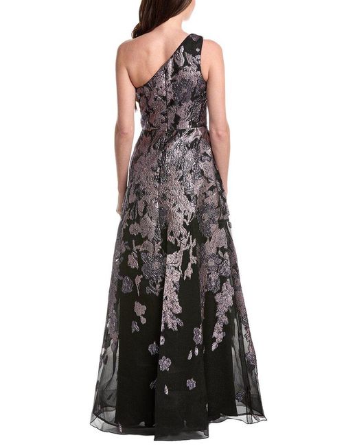 Teri Jon Black Floral Met Jacquard Pleated One Shoulder Gown
