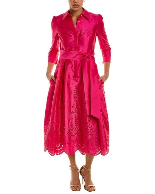 Teri Jon Taffeta Eyelet A-line Dress in Red | Lyst