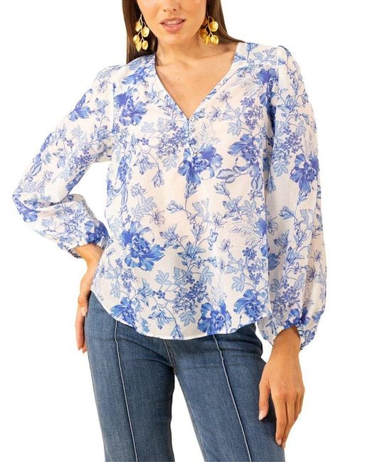 Hale Bob Blue Elliot Long Sleeve Silk-Blend Top