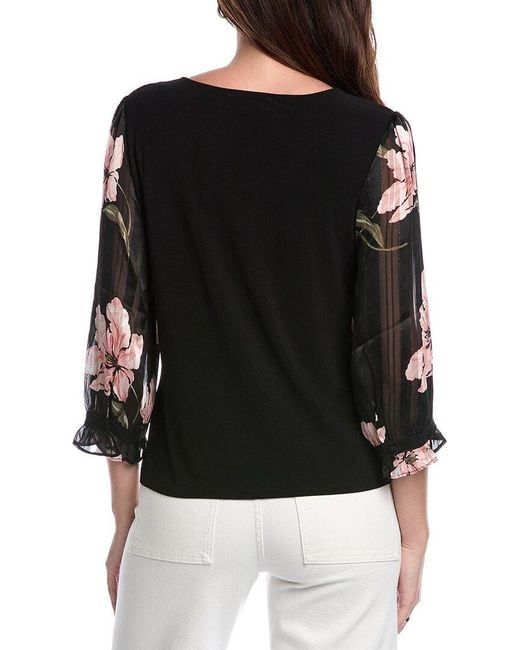 Cece Black Long Sleeve Mixed Media Top