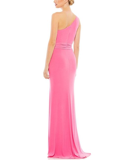 Mac Duggal Pink Jersey One Shoulder Belted Trumpet Gown