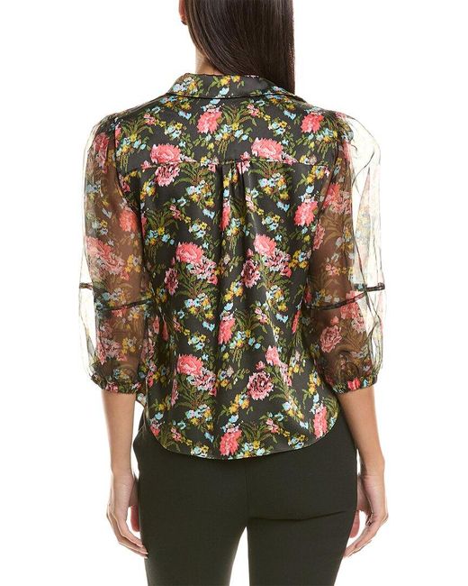 Cinq À Sept Green Karyn Impressionist Floral Silk-Trim Top