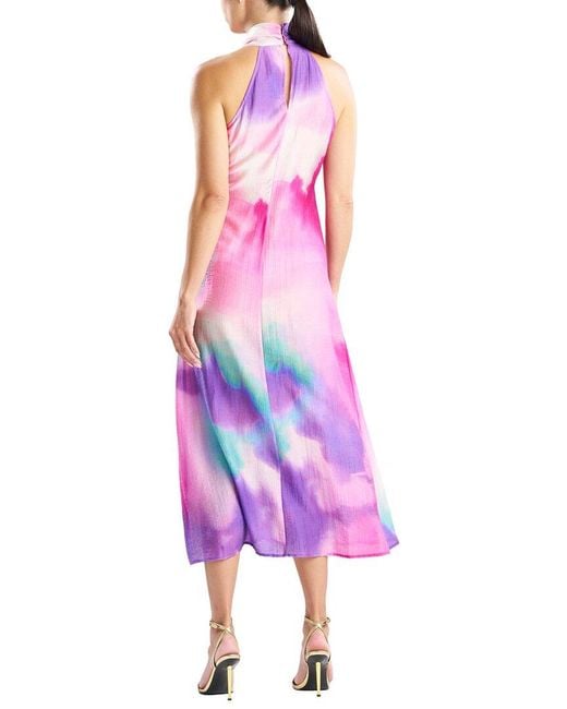 Natori Pink Watercolor Sheer Texture Halter Maxi Dress
