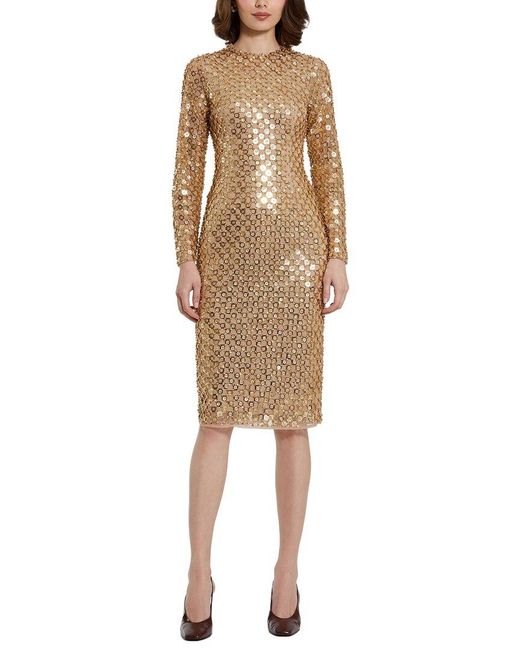 Mac Duggal Natural Beaded Sequin Mesh Long Sleeve Fitted Midi Dress