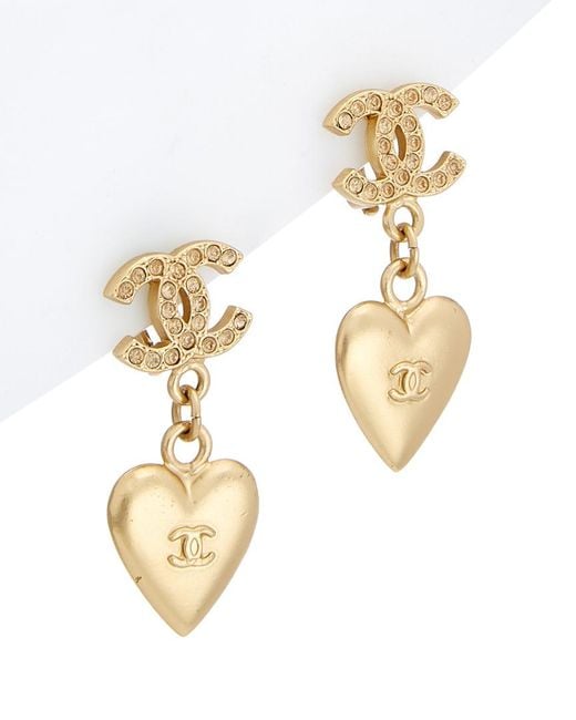 Chanel Gold-tone Crystal Heart Dangle Earrings in Metallic