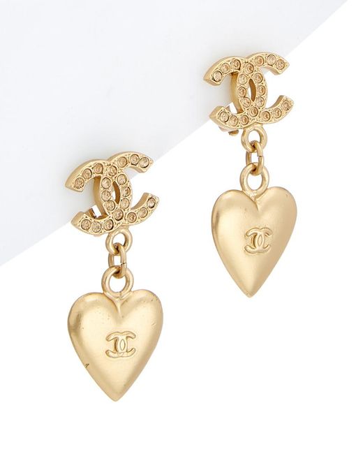Chanel Gold tone Crystal Heart Dangle Earrings in Metallic Lyst