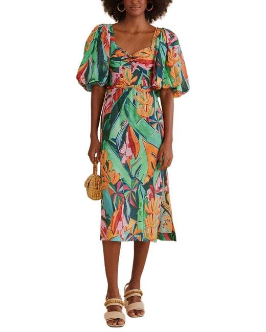 Farm Rio Green Banana Foliage Puffed Sleeve Midi Dress