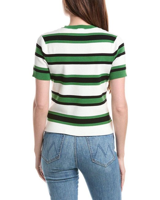 Tahari Green Pointelle Rib Striped Button Front Top