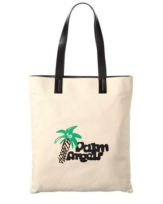 Palm Angels White "Sketchy" Canvas & Leather Shopping Bag