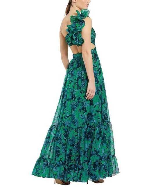 Mac Duggal Green Ruffle Tiered Cut-Out Chiffon Gown
