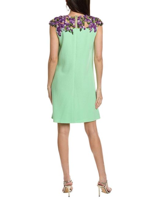Oscar de la Renta Green Degrade Lilac Threadwork Wool-blend Shift Dress