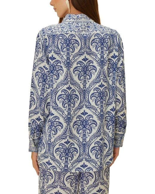Farm Rio Blue Linen-Blend Tropical Cameo Pajama Shirt
