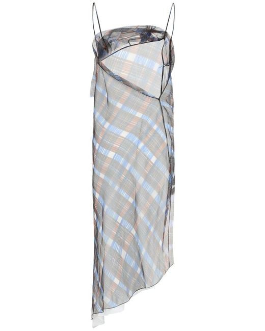 Ferragamo Gray Organza Plaid-Check Midi Dress