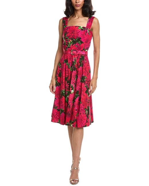 Oscar de la Renta Red Square Neck Dahlia Poplin Dress