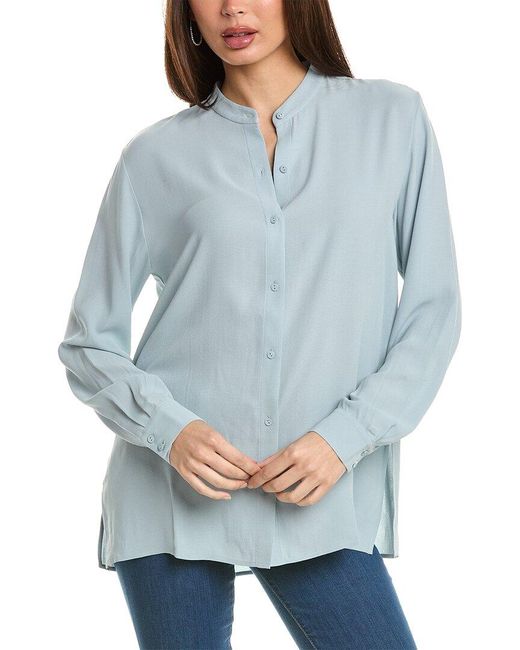 Eileen Fisher Blue Mandarin Collar Silk Shirt