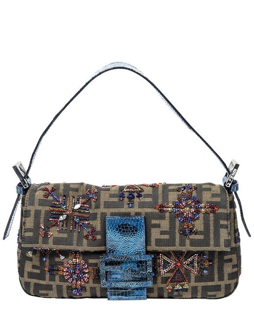 Fendi Metallic Limited Edition & Zucca-Print Canvas Embroidered Beaded Baguette (Authentic Pre-Owned)