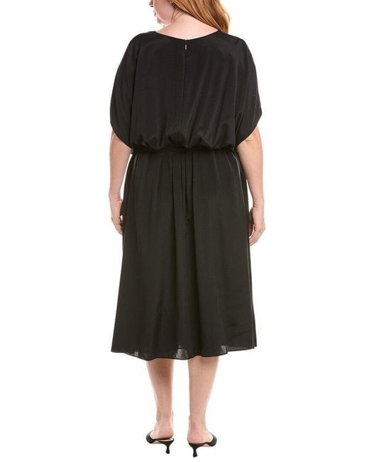 Lafayette 148 New York Black Plus Pleated Tie Waist Silk-Blend Midi Dress