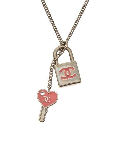 Chanel Metallic Silver-tone Pink Enamel Lock N Key Necklace