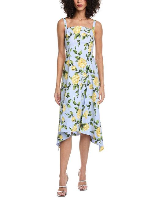 Oscar de la Renta Blue English Roses Poplin Midi Dress