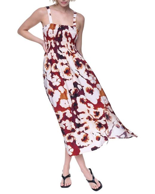 DKNY Red Printed Smocked Dress