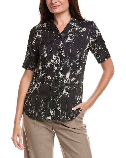 Lafayette 148 New York Black Notch Collar Silk-Blend Slim Shirt