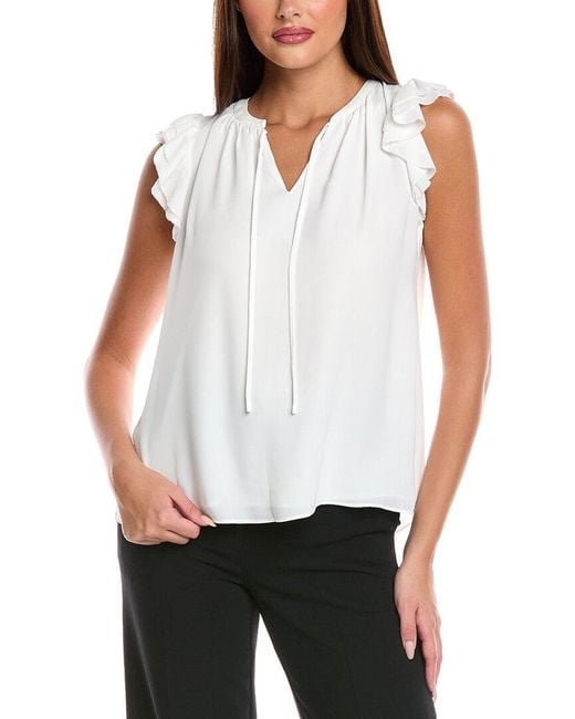 Tahari White Solid Woven Blouse