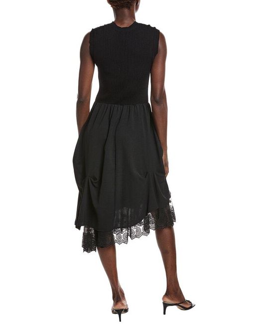 Gracia Black Knit Top Asymmetrical Lace Hem Midi Dress