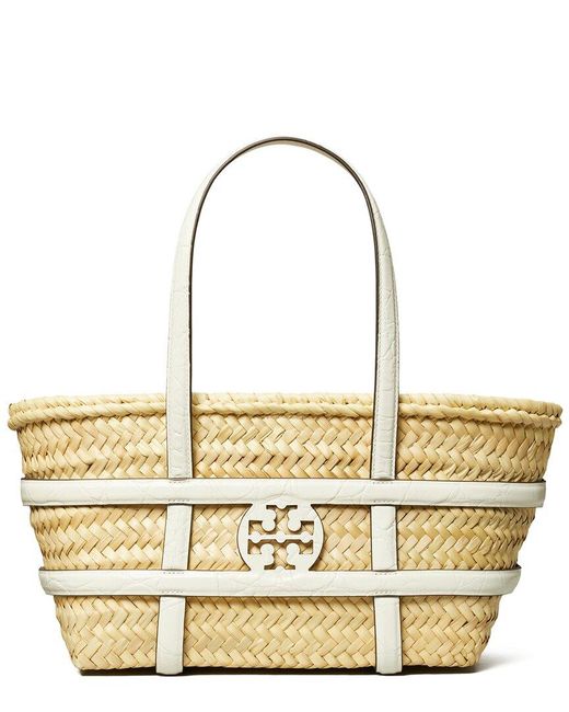 Tory Burch Metallic Ella Small Raffia & Leather Basket Tote